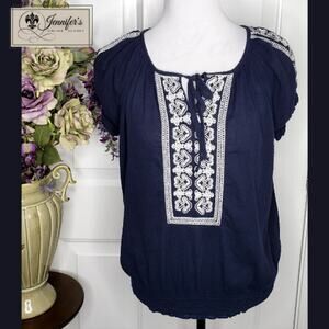 3/$25 Tommy Hilfiger Women's Navy Blue w/White Embroidery Front Tie Top Size L